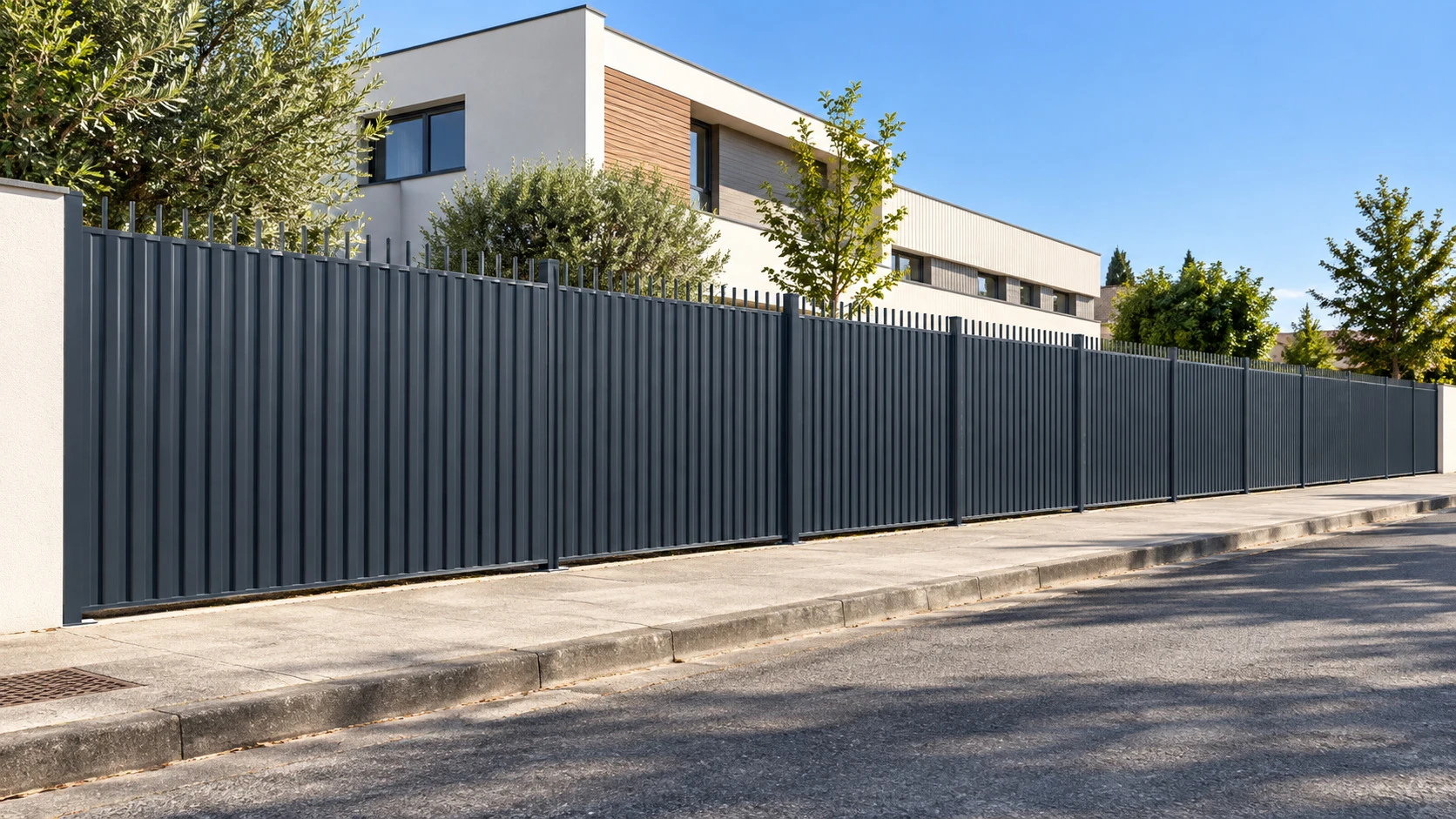 Clôture en aluminium à lames verticales anthracite bordant une voie