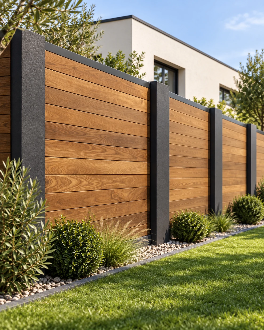 Clôture en lames de bois horizontales entre poteaux, le long d’un jardin