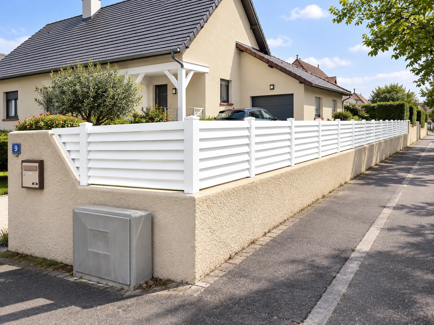 Clôture en lames PVC blanches posée sur un muret, en limite de rue