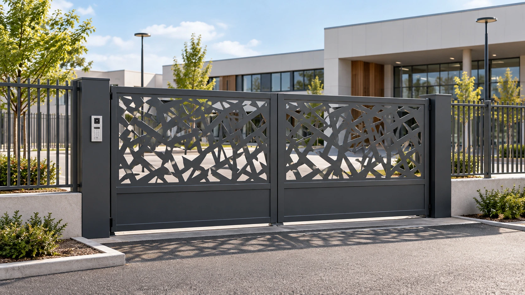 Portail coulissant en aluminium anthracite à panneau ajouré, devant une maison contemporaine