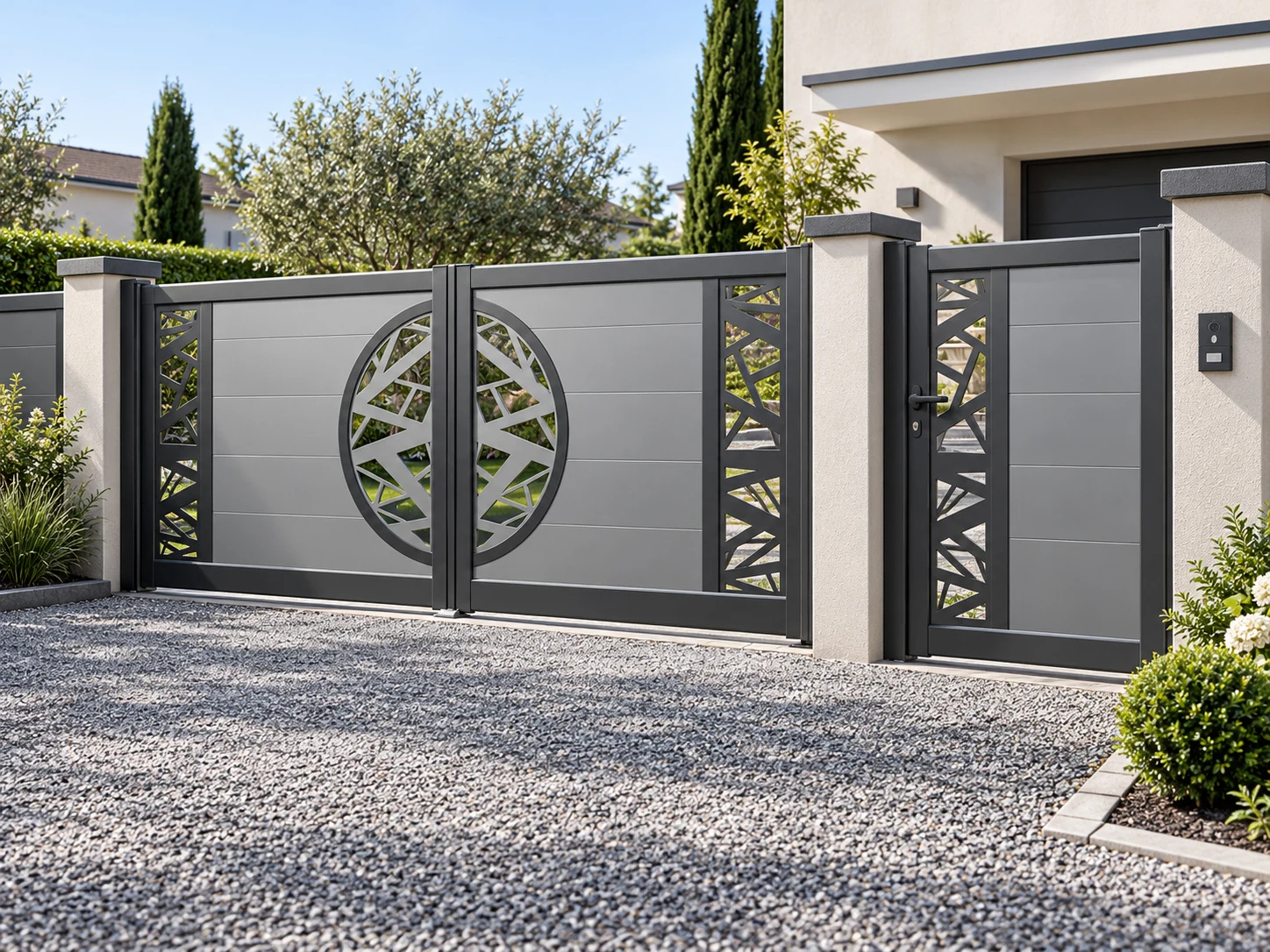 Portail et portillon en aluminium anthracite à motifs ajourés